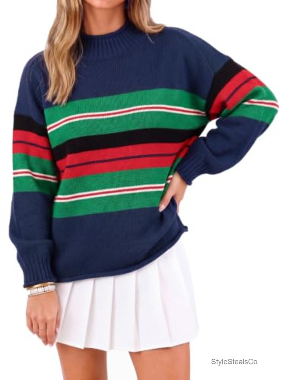 Women's Striped Mock Neck Sweater Long Sleeve Knit Pullover